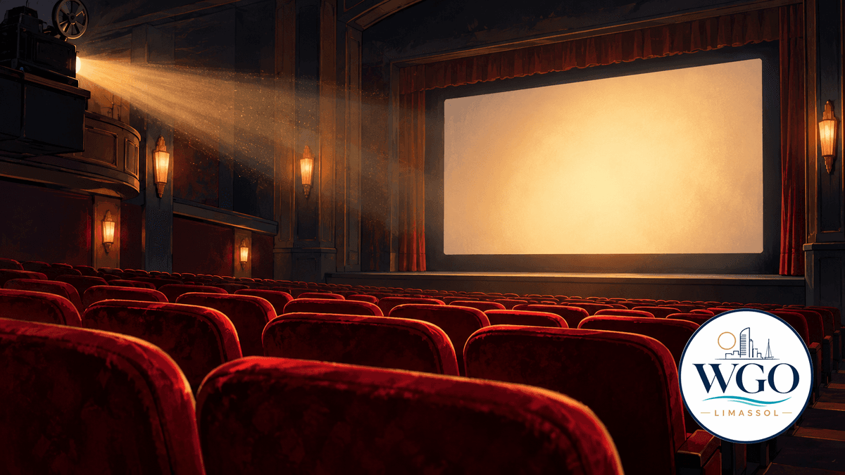 AI-generated illustration of an empty imaginary cinema auditorium with red seats and a glowing screen.