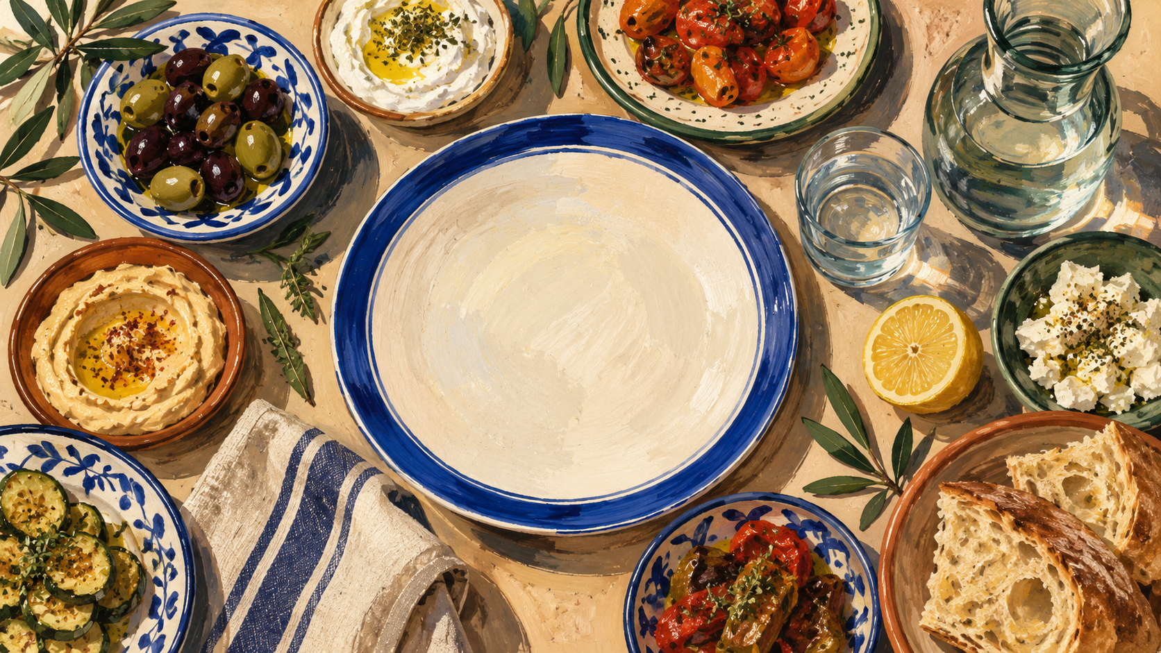 Painted overhead view of a Mediterranean table with ceramic plates, meze dishes, bread and water.
